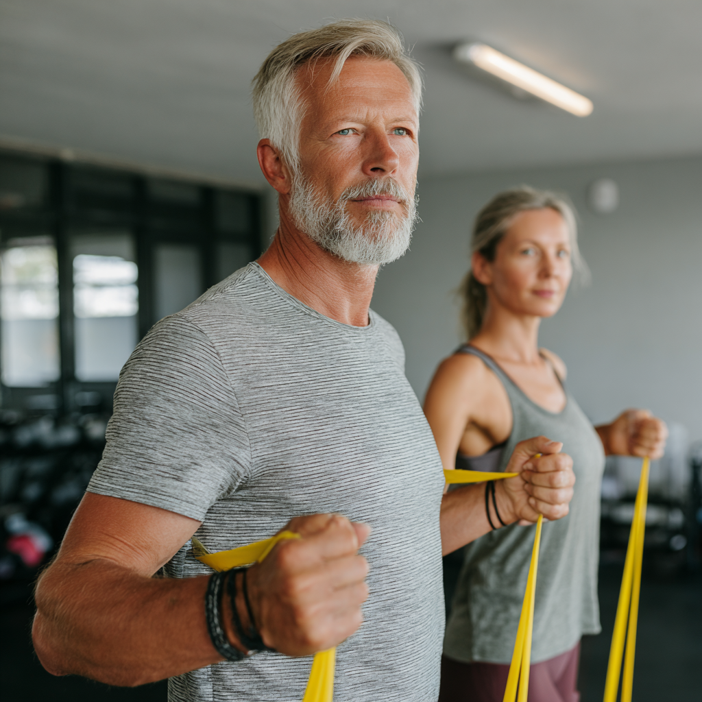 Happy mature Ukrainian adults engaging in fitness activities outdoors, smiling while exercising together in a park setting