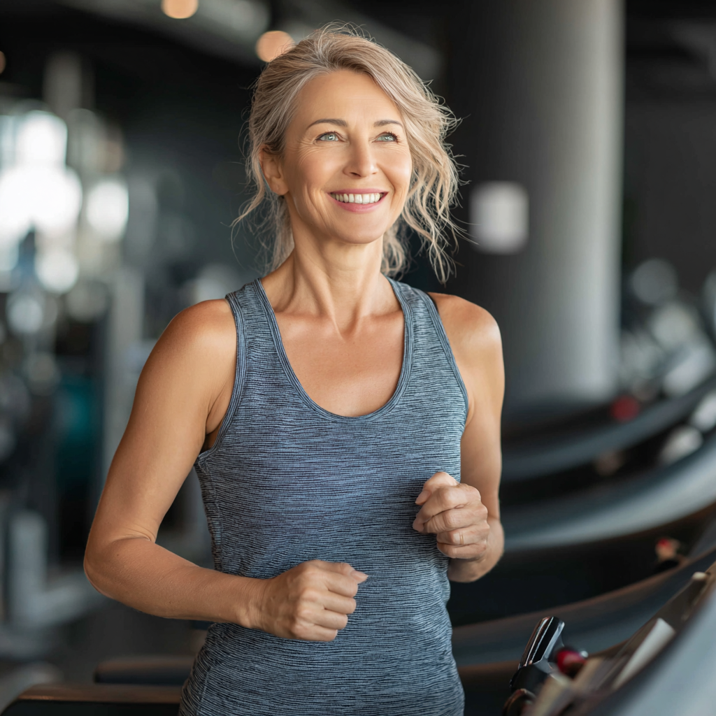 Mature Ukrainian adults practicing strength and stability exercises in a modern fitness studio, focused on proper form and technique