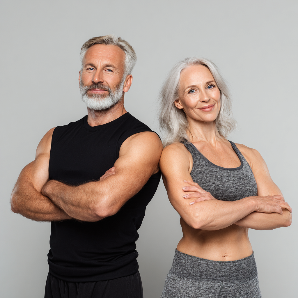Group of happy mature Ukrainian adults celebrating their fitness achievements together, showing improved health and vitality after training programs